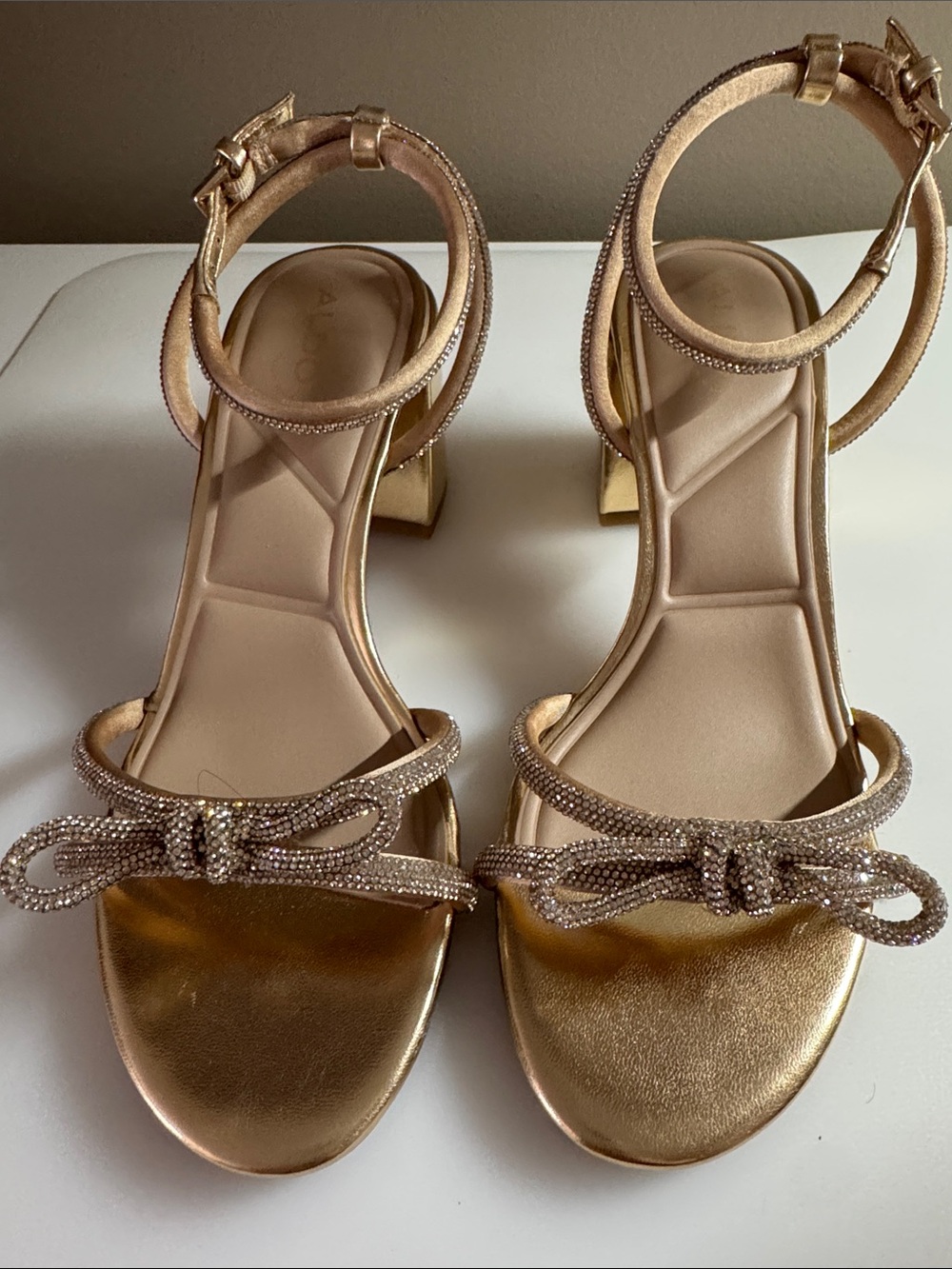 ALDO Gold Sparkly Bow Ankle-Strap Low Block Heels in Size 7